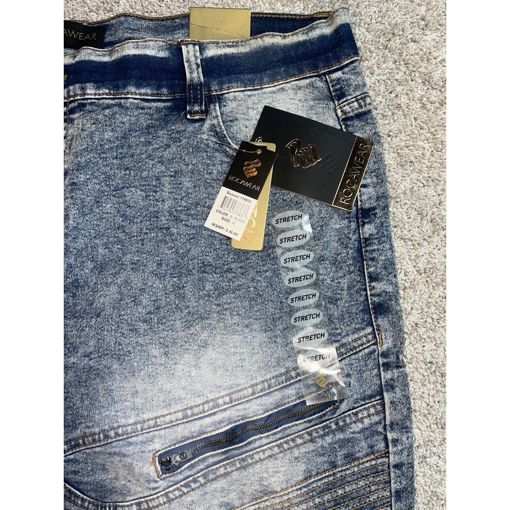 Rocawear Moto Stretch Jean Shorts Hip Hop Blue Acid Wash Mens 42 NWT - Picture 4 of 9